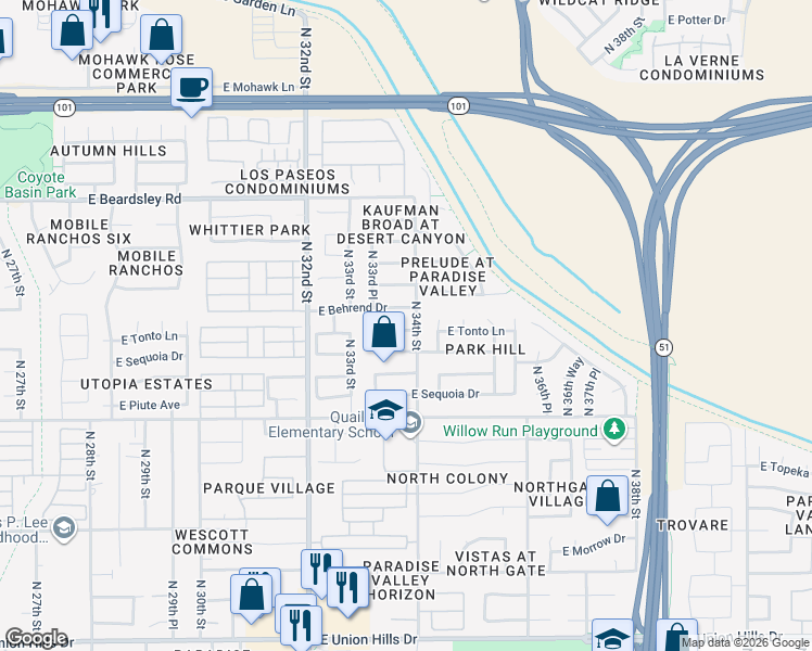 map of restaurants, bars, coffee shops, grocery stores, and more near 3350 East Tonto Lane in Phoenix