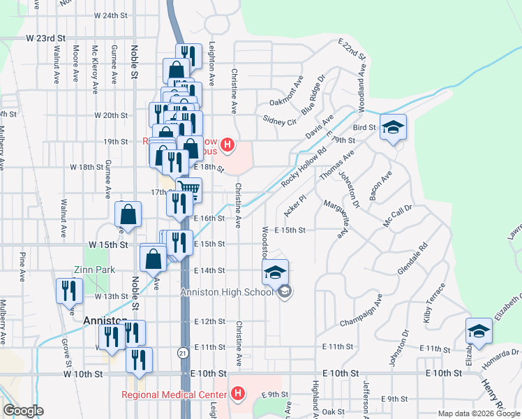 map of restaurants, bars, coffee shops, grocery stores, and more near 1620 Rocky Hollow Road in Anniston