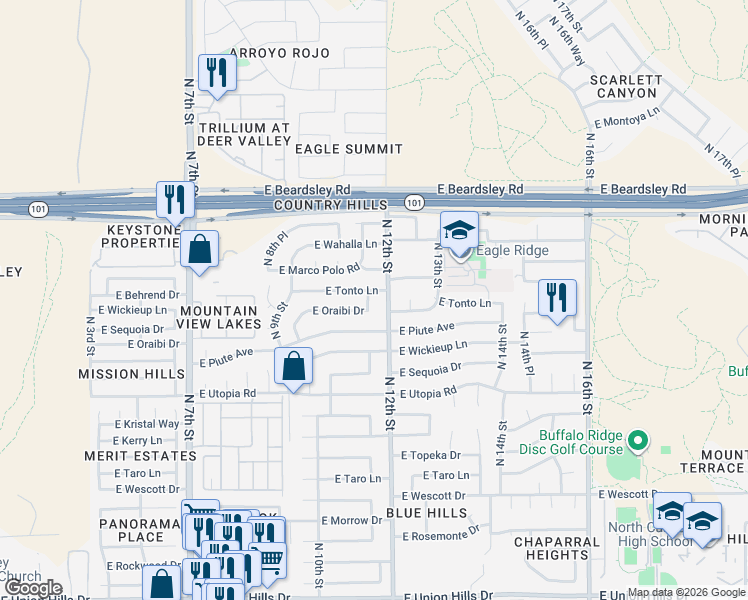 map of restaurants, bars, coffee shops, grocery stores, and more near 1114 East Tonto Lane in Phoenix