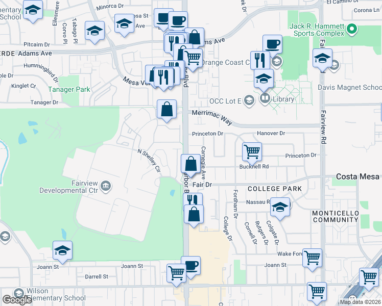 map of restaurants, bars, coffee shops, grocery stores, and more near 456 Elmhurst Lane in Costa Mesa