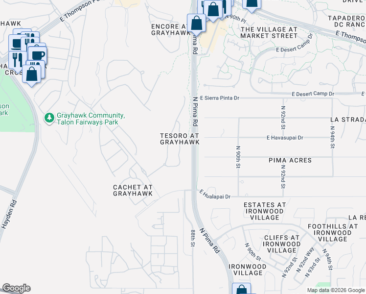 map of restaurants, bars, coffee shops, grocery stores, and more near 19475 North Grayhawk Drive in Scottsdale