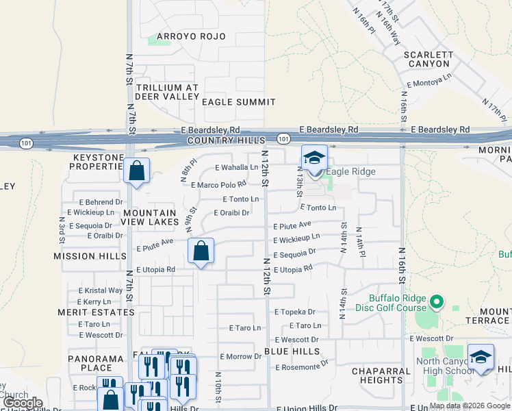 map of restaurants, bars, coffee shops, grocery stores, and more near 1114 East Tonto Lane in Phoenix