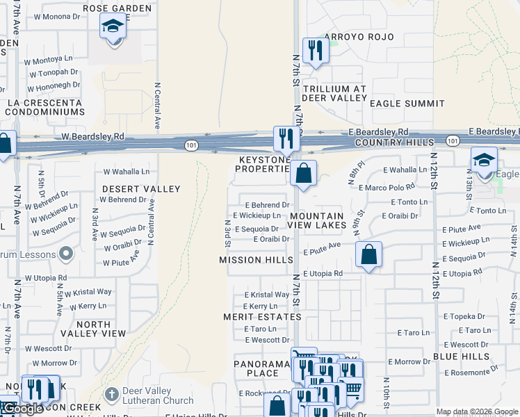 map of restaurants, bars, coffee shops, grocery stores, and more near 425 East Marco Polo Road in Phoenix