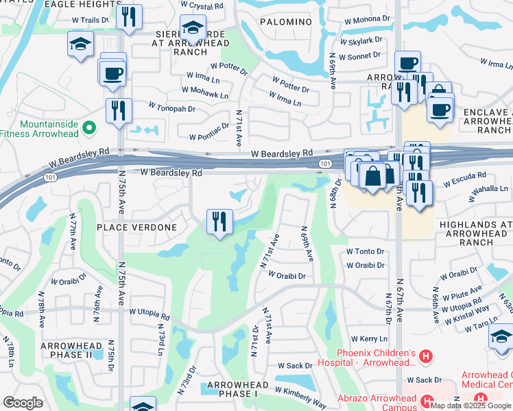 map of restaurants, bars, coffee shops, grocery stores, and more near 7101 West Beardsley Road in Glendale