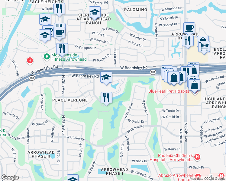 map of restaurants, bars, coffee shops, grocery stores, and more near 7101 West Beardsley Road in Glendale