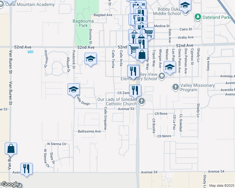 map of restaurants, bars, coffee shops, grocery stores, and more near 84869 Calle Lya in Coachella