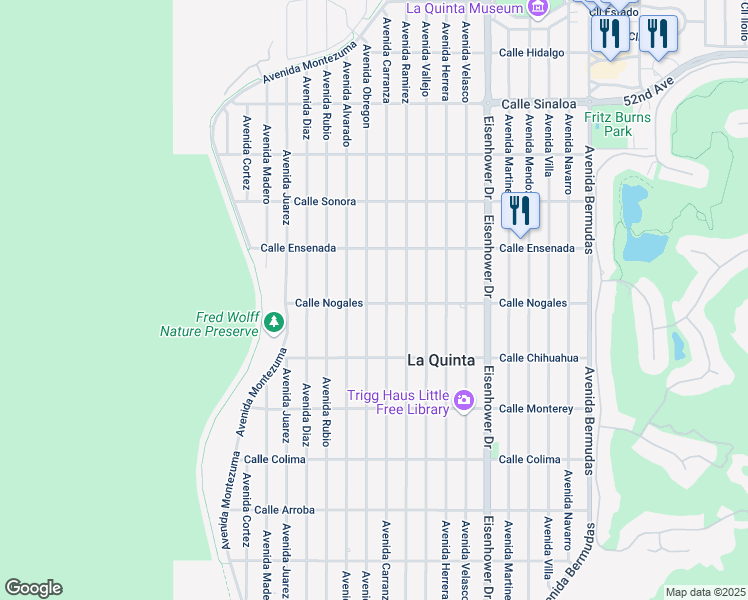 map of restaurants, bars, coffee shops, grocery stores, and more near 52674 Avenue Obregon in La Quinta