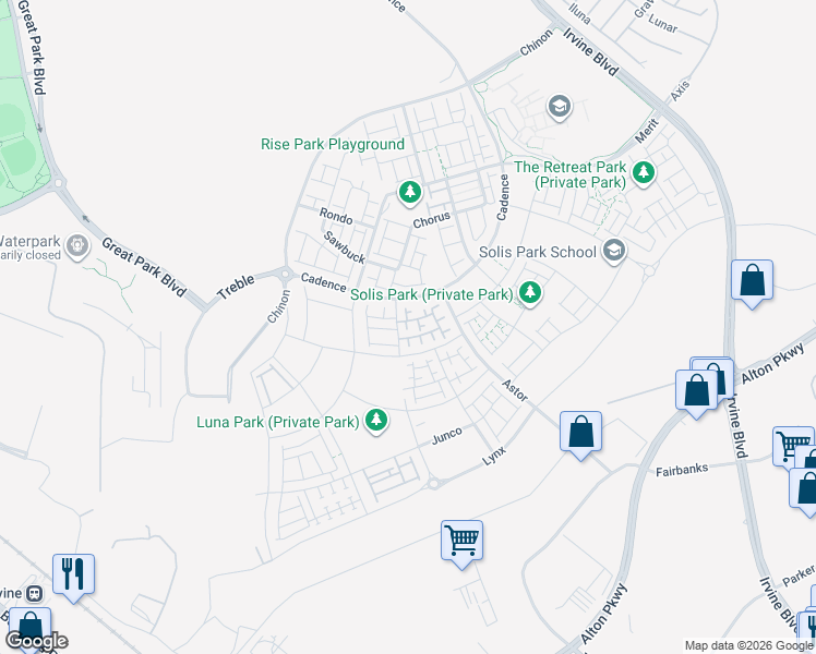map of restaurants, bars, coffee shops, grocery stores, and more near North 2nd Street in Irvine