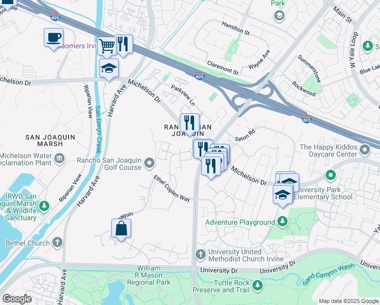 map of restaurants, bars, coffee shops, grocery stores, and more near 104 Navarre in Irvine