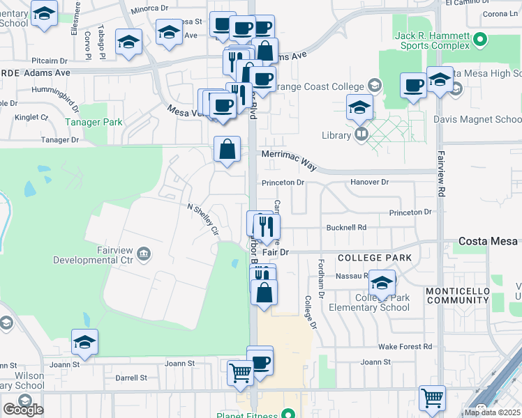 map of restaurants, bars, coffee shops, grocery stores, and more near 435 Swarthmore Lane in Costa Mesa