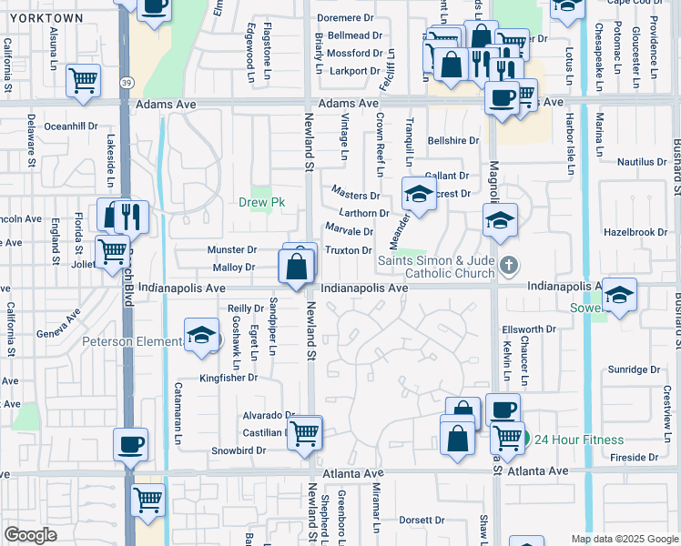 map of restaurants, bars, coffee shops, grocery stores, and more near 20401 Drew Circle in Huntington Beach