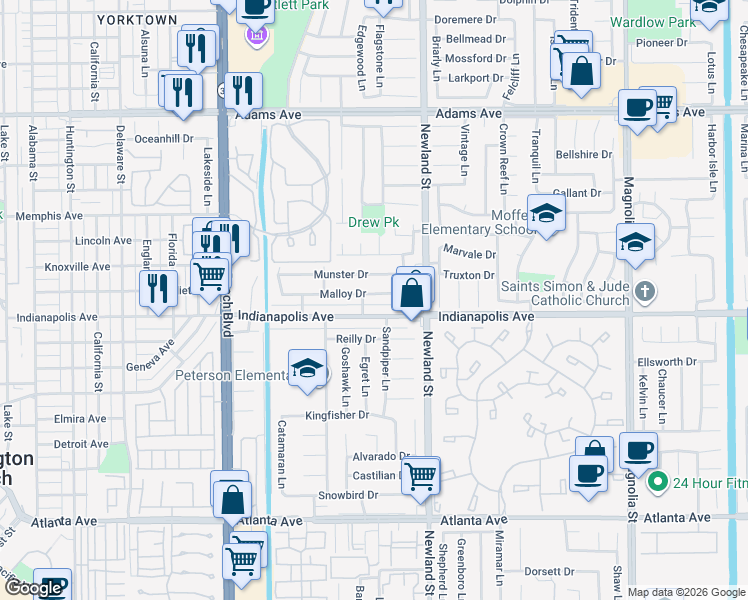 map of restaurants, bars, coffee shops, grocery stores, and more near 8321 Malloy Drive in Huntington Beach