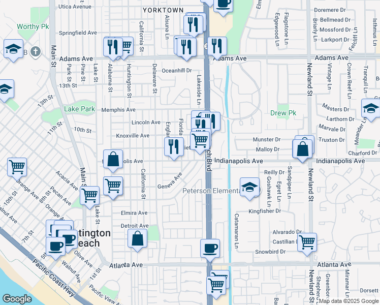 map of restaurants, bars, coffee shops, grocery stores, and more near 1009 Georgia Street in Huntington Beach