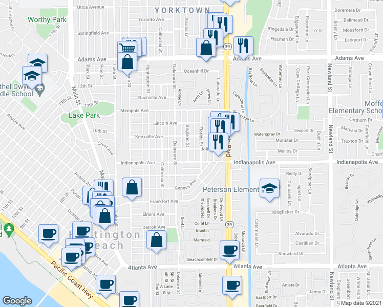 map of restaurants, bars, coffee shops, grocery stores, and more near 1006 England Street in Huntington Beach