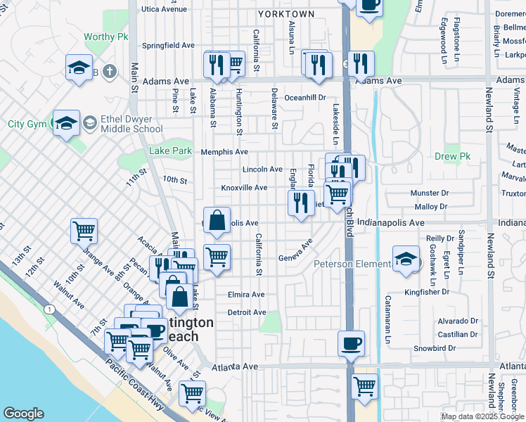 map of restaurants, bars, coffee shops, grocery stores, and more near 1001 Delaware Street in Huntington Beach