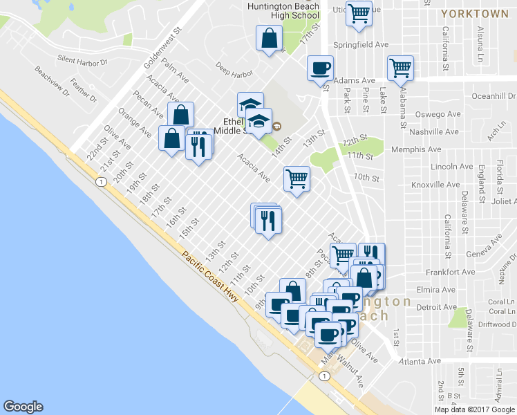map of restaurants, bars, coffee shops, grocery stores, and more near 516 13th Street in Huntington Beach