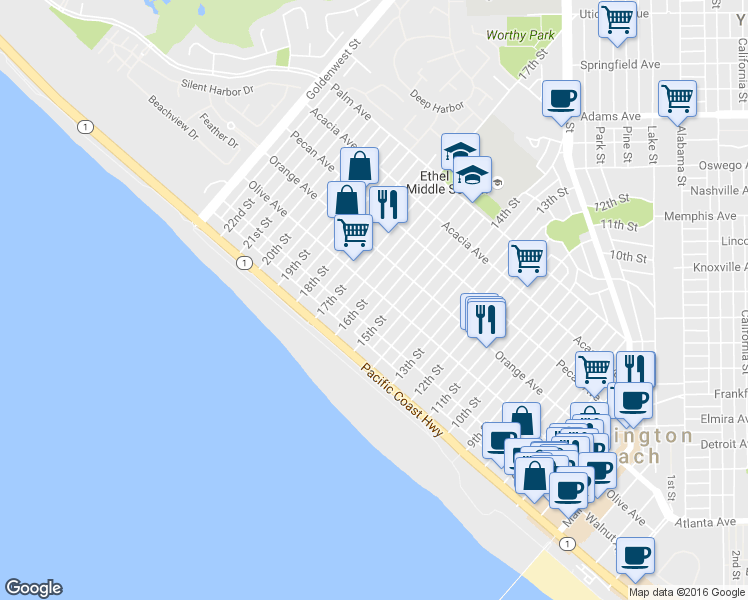 map of restaurants, bars, coffee shops, grocery stores, and more near 308 16th Street in Huntington Beach