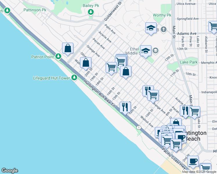 map of restaurants, bars, coffee shops, grocery stores, and more near 218 17th Street in Huntington Beach