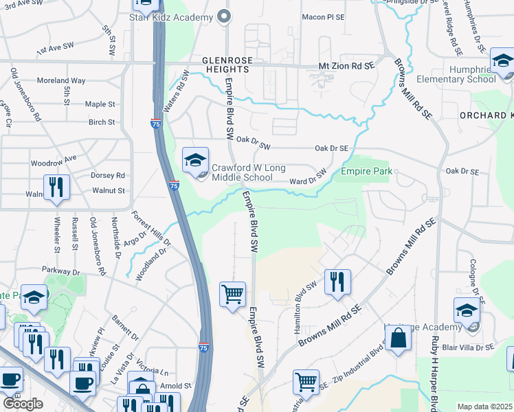 map of restaurants, bars, coffee shops, grocery stores, and more near 3354 Ward Drive Southwest in Atlanta