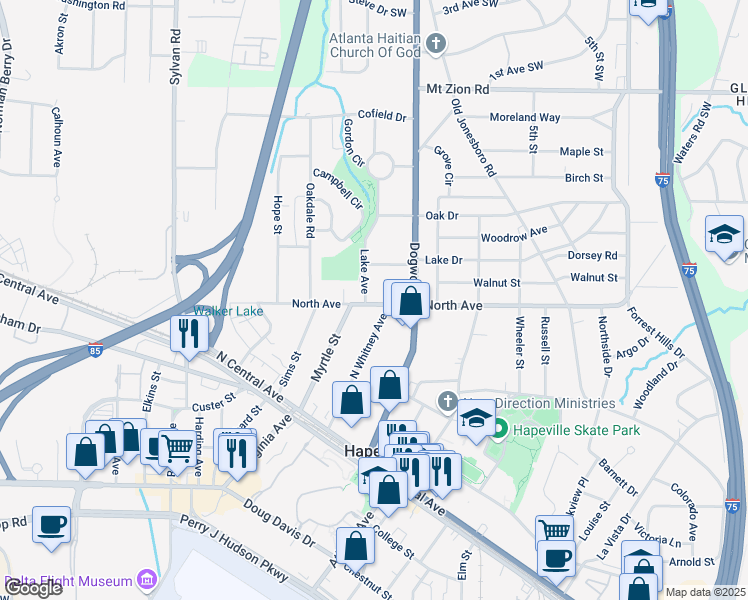 map of restaurants, bars, coffee shops, grocery stores, and more near 647 North Avenue Northwest in Atlanta