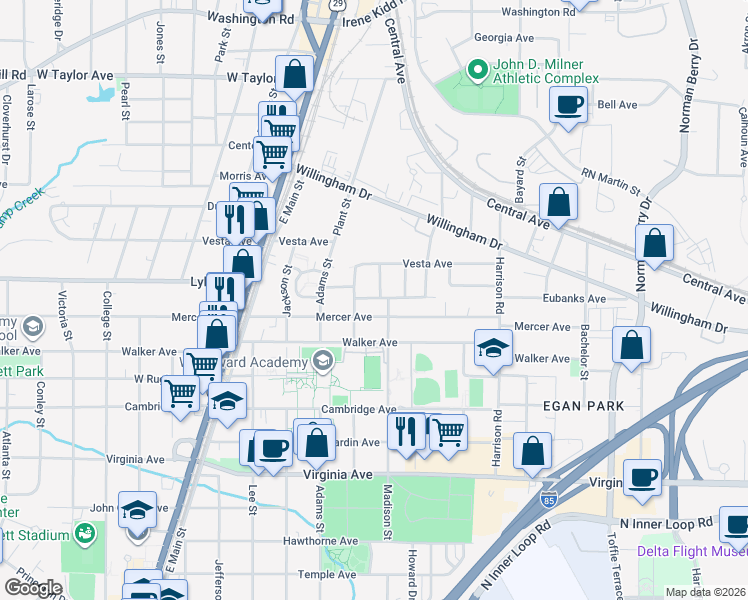 map of restaurants, bars, coffee shops, grocery stores, and more near 1560 Vassar Avenue in College Park