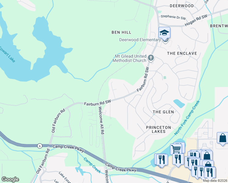 map of restaurants, bars, coffee shops, grocery stores, and more near 3200 Landings North Court in Atlanta