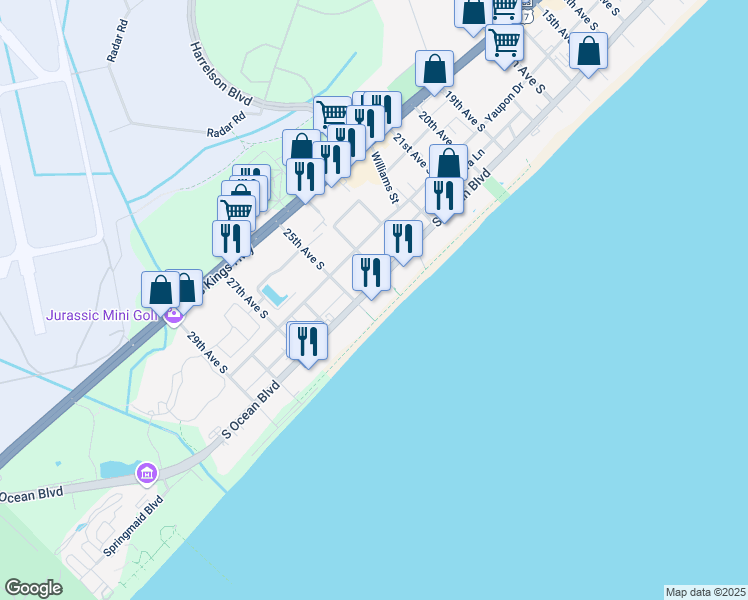 map of restaurants, bars, coffee shops, grocery stores, and more near 2405 South Ocean Boulevard in Myrtle Beach