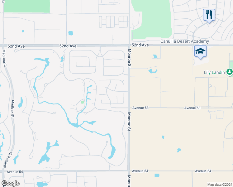 map of restaurants, bars, coffee shops, grocery stores, and more near 81897 Via La Serena Street in La Quinta