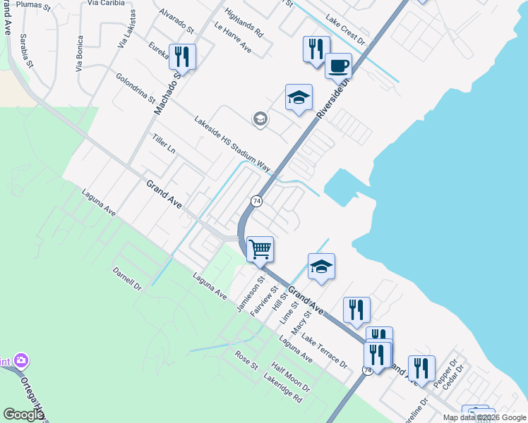 map of restaurants, bars, coffee shops, grocery stores, and more near 32902-32934 Riverside Dr in Lake Elsinore