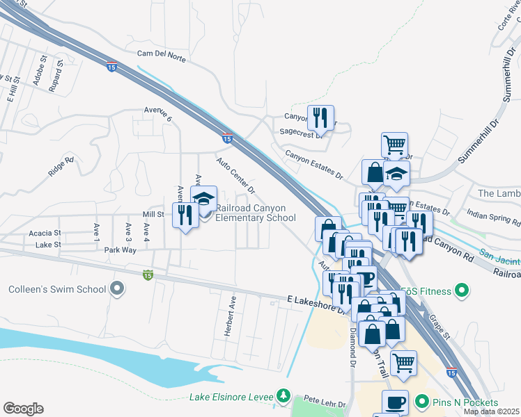 map of restaurants, bars, coffee shops, grocery stores, and more near Auto Center Drive in Lake Elsinore