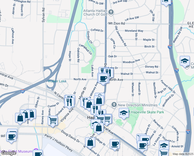 map of restaurants, bars, coffee shops, grocery stores, and more near 641 North Avenue in Atlanta