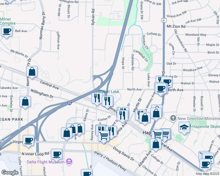 map of restaurants, bars, coffee shops, grocery stores, and more near 831 North Avenue in Hapeville
