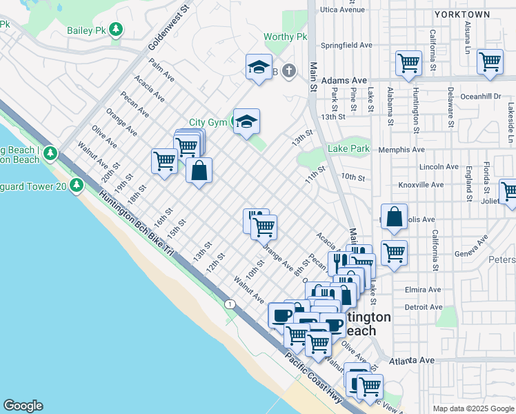 map of restaurants, bars, coffee shops, grocery stores, and more near 1204 Pecan Avenue in Huntington Beach