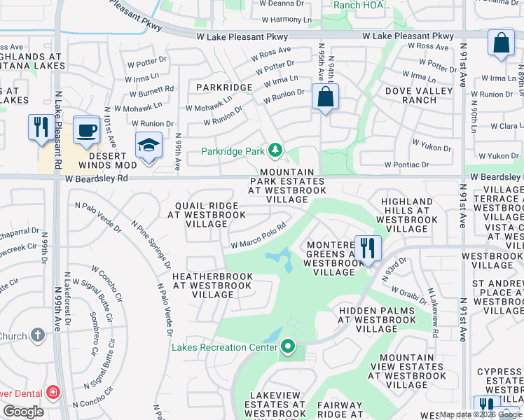 map of restaurants, bars, coffee shops, grocery stores, and more near 9608 West Escuda Drive in Peoria