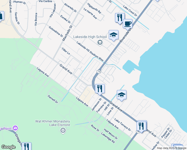 map of restaurants, bars, coffee shops, grocery stores, and more near 32957 Pacifica Place in Lake Elsinore
