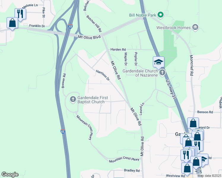 map of restaurants, bars, coffee shops, grocery stores, and more near 513 Garst Drive in Gardendale