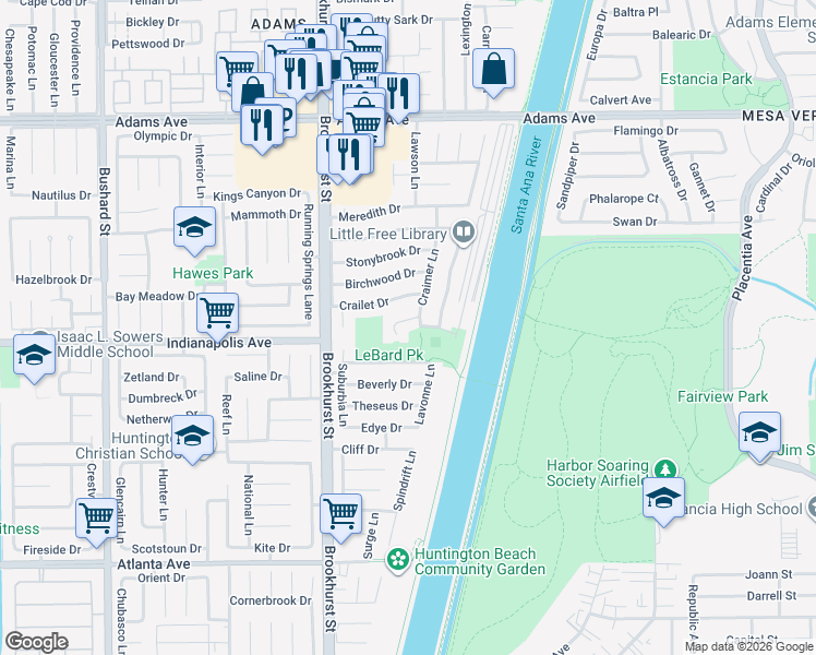 map of restaurants, bars, coffee shops, grocery stores, and more near 10168 Lightbreeze Circle in Huntington Beach