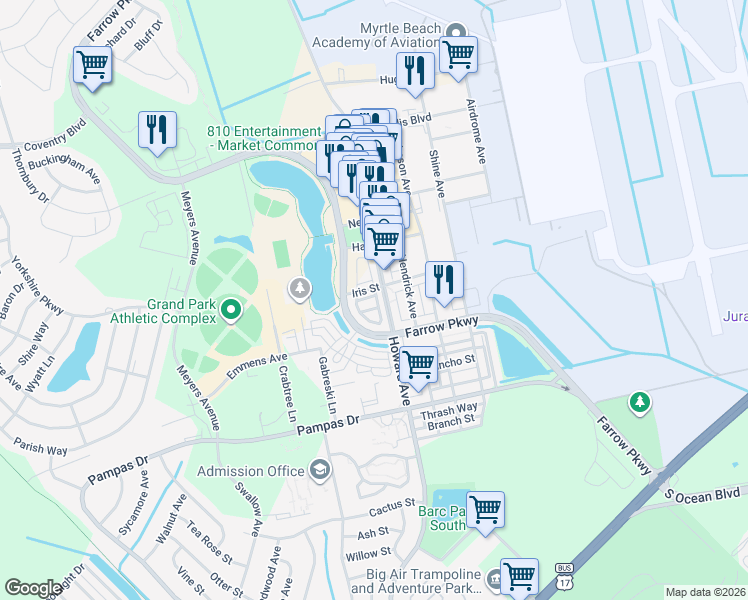 map of restaurants, bars, coffee shops, grocery stores, and more near 2798 Howard Avenue in Myrtle Beach