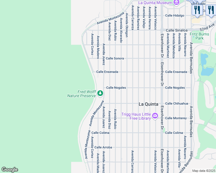 map of restaurants, bars, coffee shops, grocery stores, and more near 52645 Avenida Diaz in La Quinta