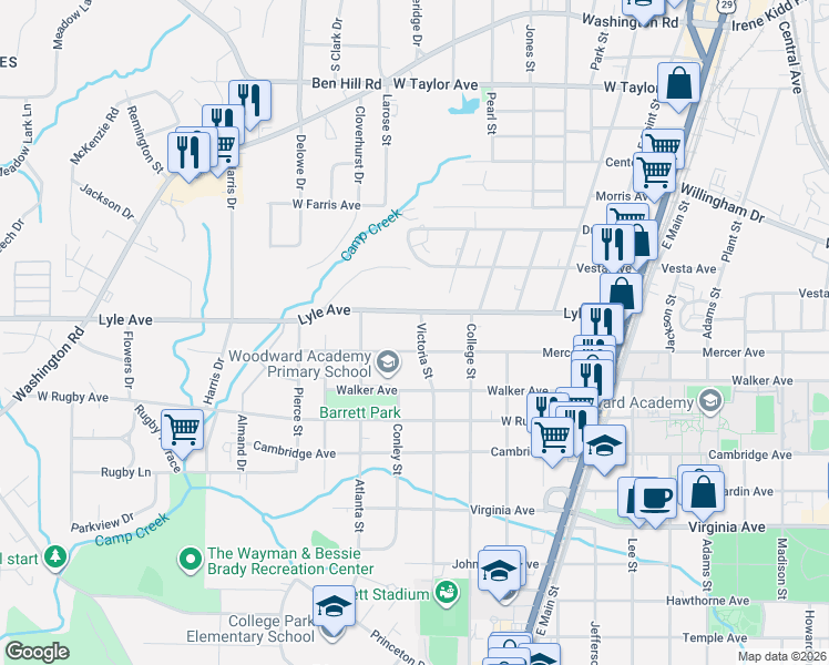 map of restaurants, bars, coffee shops, grocery stores, and more near 1954 Lyle Avenue in College Park