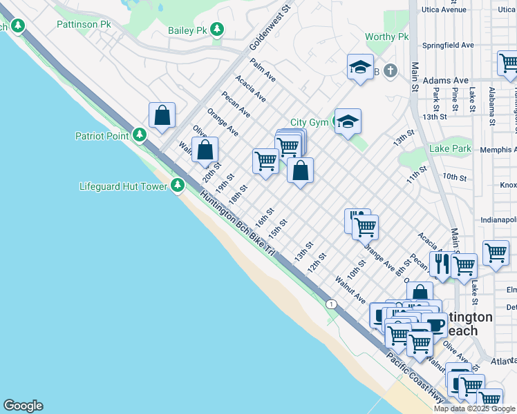 map of restaurants, bars, coffee shops, grocery stores, and more near 218 17th Street in Huntington Beach