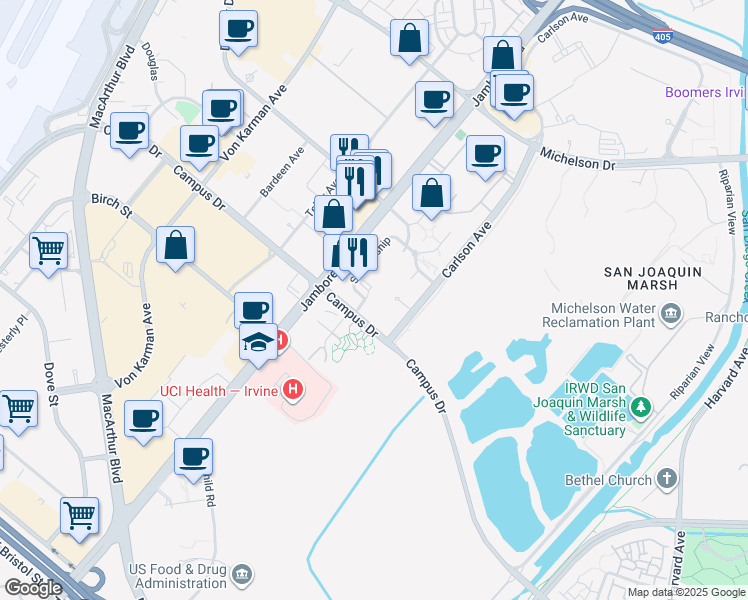 map of restaurants, bars, coffee shops, grocery stores, and more near 3134 Watermarke Place in Irvine