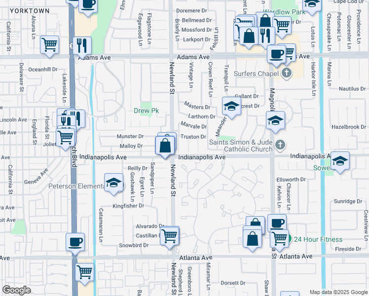 map of restaurants, bars, coffee shops, grocery stores, and more near 20401 Allport Lane in Huntington Beach