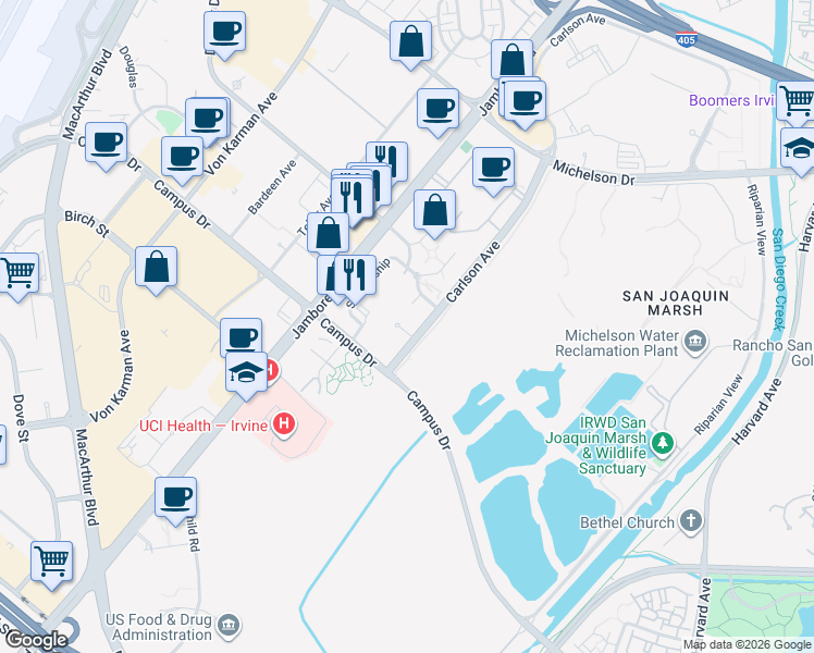 map of restaurants, bars, coffee shops, grocery stores, and more near 3372 Watermarke Place in Irvine