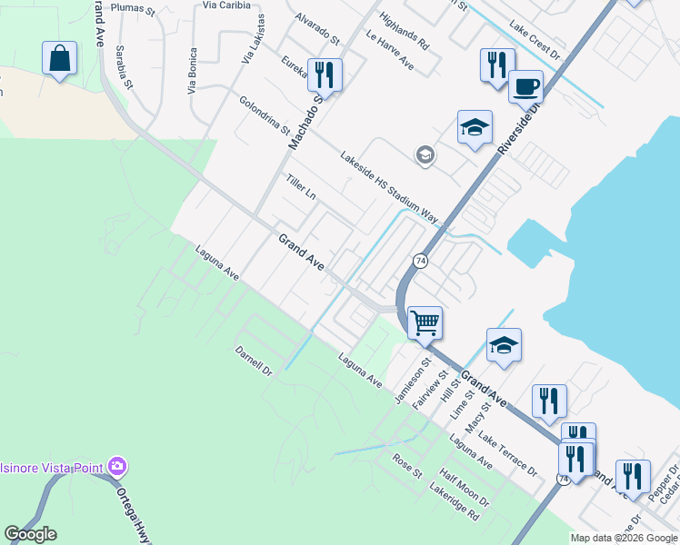 map of restaurants, bars, coffee shops, grocery stores, and more near 15190 Grand Avenue in Lake Elsinore