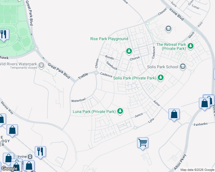 map of restaurants, bars, coffee shops, grocery stores, and more near 15310 Barranca Parkway in Irvine