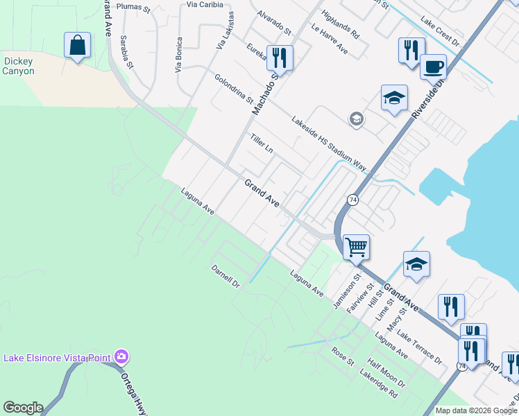 map of restaurants, bars, coffee shops, grocery stores, and more near 33063 California Street in Lake Elsinore