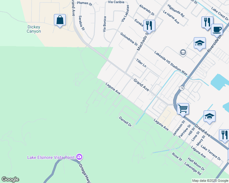 map of restaurants, bars, coffee shops, grocery stores, and more near 33165 Sherwood Drive in Lake Elsinore