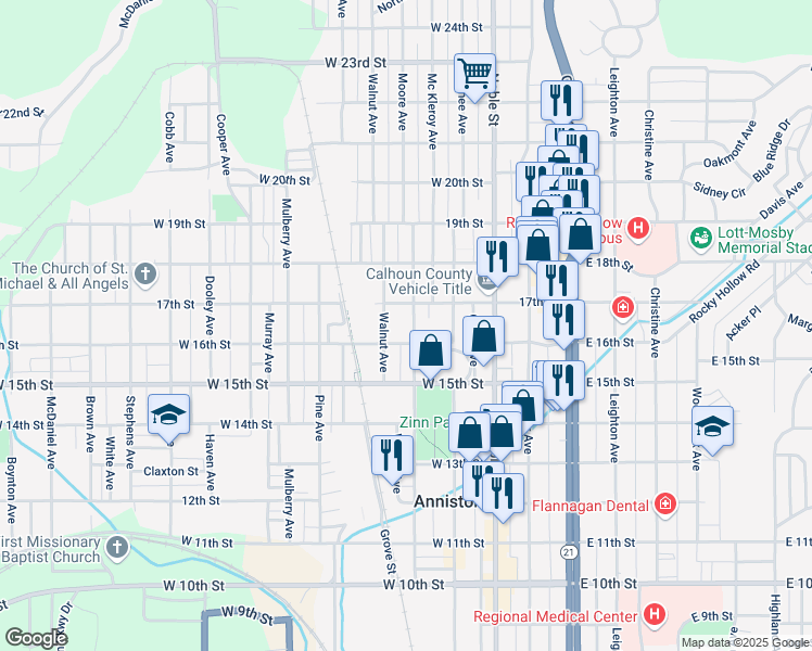 map of restaurants, bars, coffee shops, grocery stores, and more near 1624 Moore Avenue in Anniston