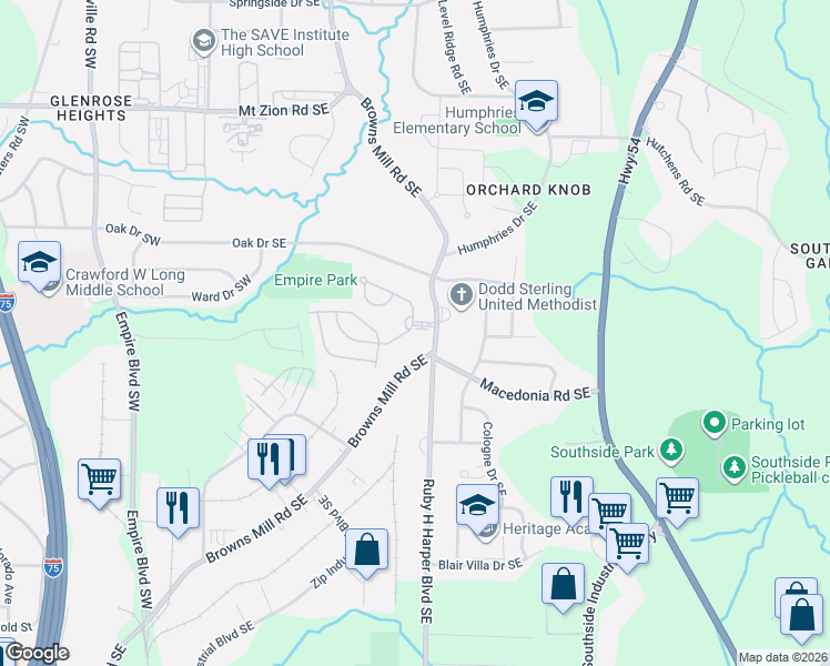 map of restaurants, bars, coffee shops, grocery stores, and more near 553 Monticello Boulevard SouthEast in Atlanta